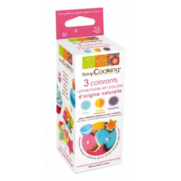 DLUO Dépassée Lot De 3 Colorants En Poudre Alimentaire Pourpre/Orange/Bleu Scrapcooking 1